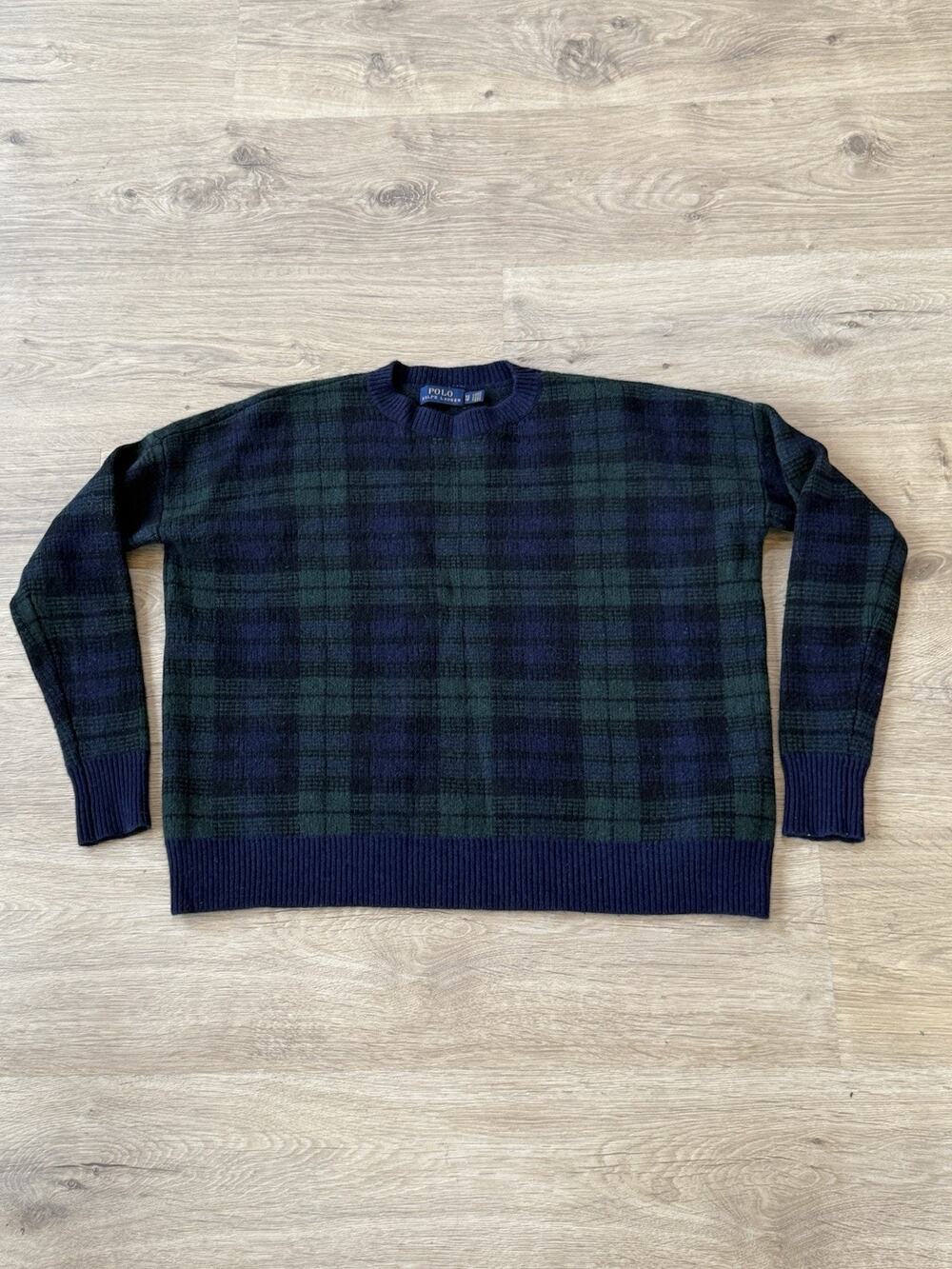 Vintage Polo Ralph Lauren Wool Sweater XS Black Watch Tartan Plaid Hong Kong